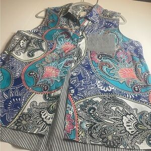 Chico's Blue Graphic (Chico’s Size 2) Sleeveless Button Down Shirt, High-Low Hem
